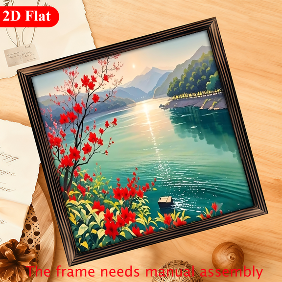 2D flat, a 12 - inch wooden framed painting, "Lake Red Blossoms Boat". For home Decorative Signs & Plaques. The frame needs manual assembly.