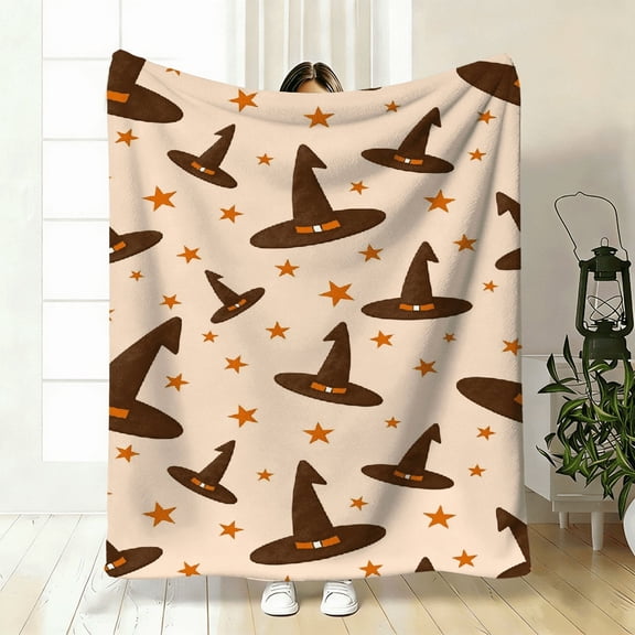 2D flat, a beige orange witch hat Flannel blanket. Soft and cozy blanket for sofa, bed, office. Sizes: 30 * 40, 40 * 50, 50 * 60 inches.