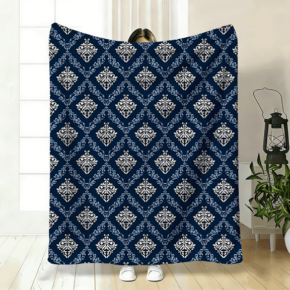 2D flat, a navy blue white damask Flannel blanket. Soft and cozy blanket for sofa, bed, office. Sizes: 30 * 40, 40 * 50, 50 * 60 inches.