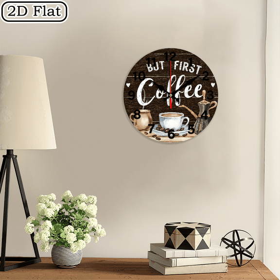 2D flat coffee wood clock, suitable for courtyards, shopping centers, garages, cafes, homes, the best gift, suitable for decorating friends' rooms for Halloween 10 * 10 inches