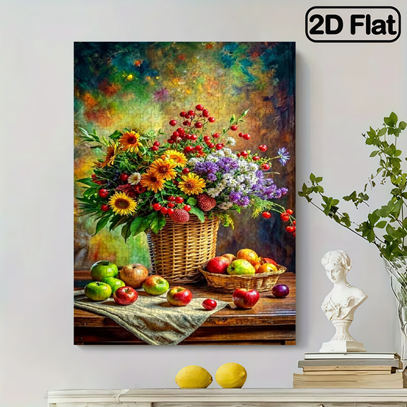 2D flat design, a 500 - piece vertical paper puzzle, "Flower Basket with Fruits on Table". The size is 14.9 * 20.4 inches.