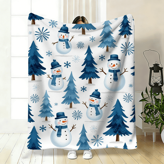 A 2D flat flannel blanket with a Christmas snowman pattern, warm, soft and light. Specifications and dimensions: 30×40 inches, 40×50 inches, 50×60 inches.