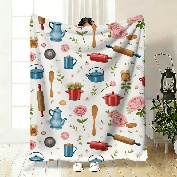 A 2D flat flannel blanket with baking rose kitchenware patterns, warm, soft and light. Specifications and dimensions: 30×40 inches, 40×50 inches, 50×60 inches.