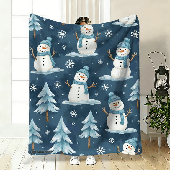 A 2D flat flannel blanket with a cartoon snowman pattern, warm, soft and light. Specifications and dimensions: 30×40 inches, 40×50 inches, 50×60 inches.