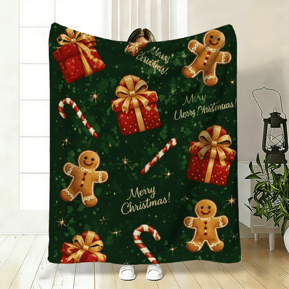 A 2D flat flannel blanket with a cheerful Christmas gingerbread man pattern, warm, soft and light. Specifications and dimensions: 30×40 inches, 40×50 inches, 50×60 inches.