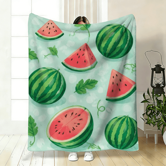 A 2D flat flannel blanket with hand-painted watermelon patterns, warm, soft and light. Specifications and dimensions: 30×40 inches, 40×50 inches, 50×60 inches.