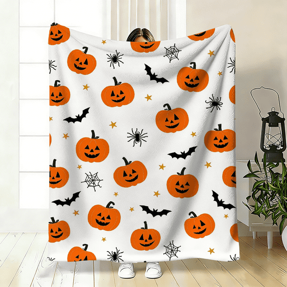 A 2D flat flannel blanket with pumpkin lantern patterns, warm, soft and light. Specifications and dimensions: 30×40 inches, 40×50 inches, 50×60 inches.