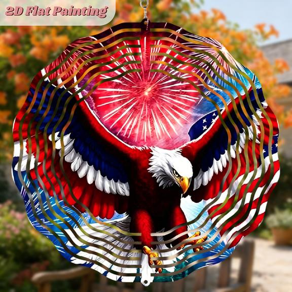 2D flat, an iron wind chime, vibrant fireworks. It can rotate 360 degrees. It is a beautiful hanging ornament that can be hung anywhere. The size is 10 * 10 inches.