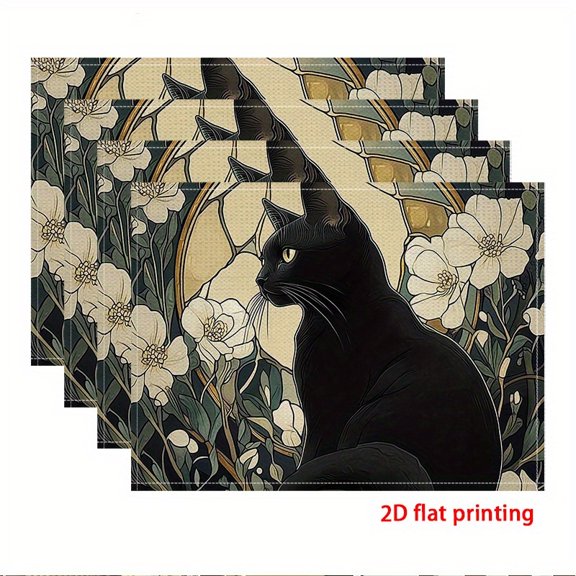 2D flat printing, 4pcs Placemat,Black Cat and  Under the Moonlight,Suitable for daily life and wedding occasions in restaurants and family dining , 2D Flat