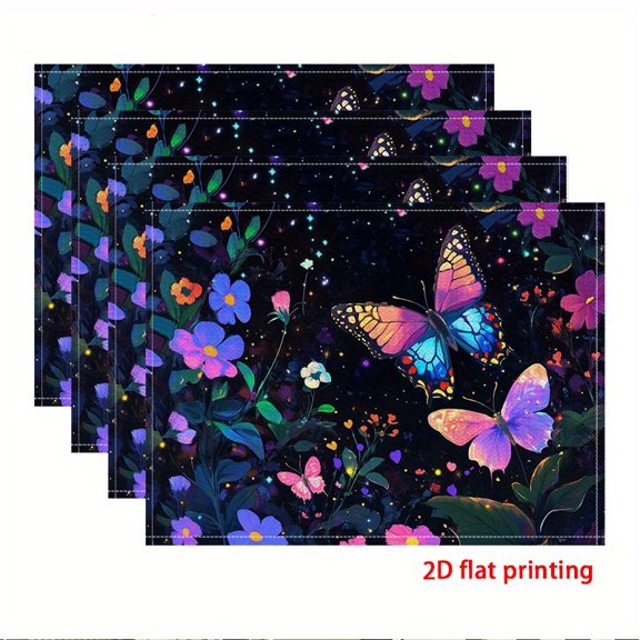 2D flat printing, 4pcs Placemat, Charming Butterfly and Flowers, Kitchen table mats, holiday decorations, 2D Flat, Table Setting Essentials, Home Dining Decor