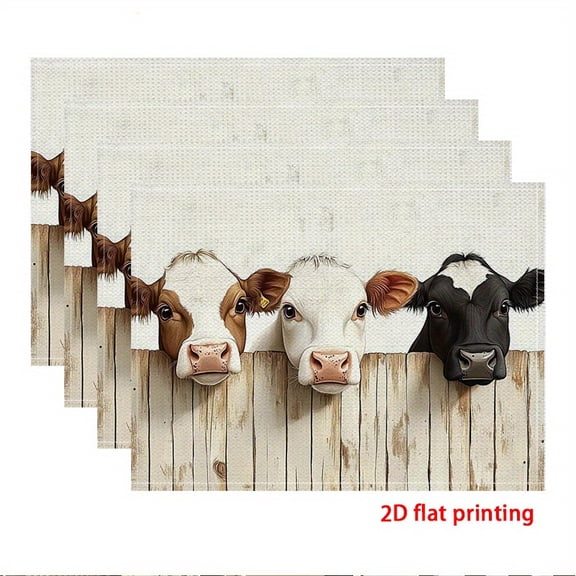 2D flat printing, 4pcs Placemat, Curious cow over the fence, Suitable for desktop decorations and party decorations, Home Decor, Dining Accessories, Whimsical Print, Playful Design