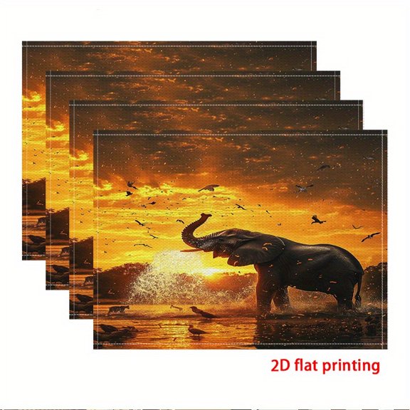 2D flat printing, 4pcs Placemat, Elephant Bathing at Sunset: A Tranquil Moment in Nature., Indoor kitchen table decorations for garden parties , 2D Flat, Home Dining Setup, Festive Table Setting