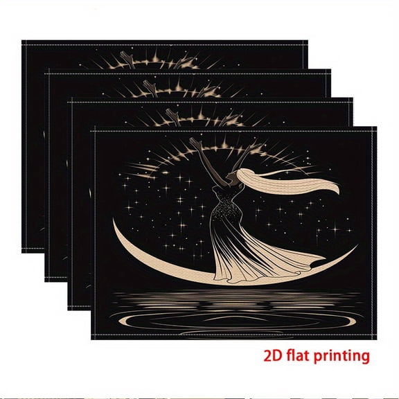 2D flat printing, 4pcs Placemat, Moonlight dance: a celestial nocturne, Very suitable for  home decorations, 2D Flat,  Dining Table Decor, Nocturne Design, Celestial Theme, Durable Fabric, Machine