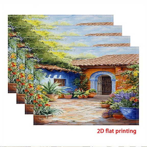 2D flat printing, 4pcs Placemat, Spanish Courtyard Oasis, Indoor and Outdoor Party Table Decorations