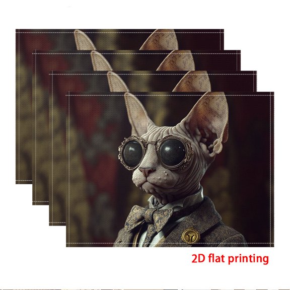 2D flat printing, 4pcs Placemat, Steampunk Style Sphinx Cat, Home decor and restaurant decor party decorations, Dining Accessories, Table Setting, Vintage Aesthetic, Artistic Decor