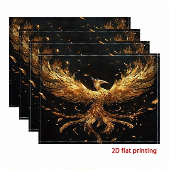 2D flat printing,4pcs Placemats, Golden Phoenix Rising from Ashes Theme placemats, for Dining Table, Kitchen, Party, Indoor, Holiday, Dinner Parties And Home Decor (Table Mats) 12X18 Inch