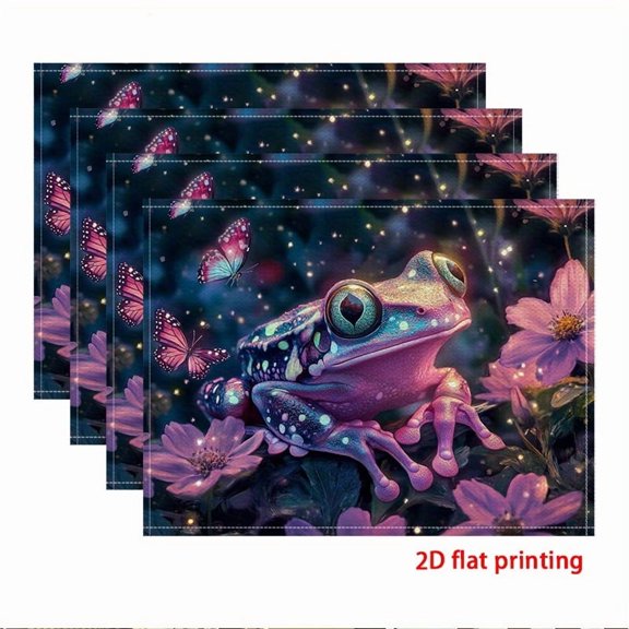 2D flat printing,4pcs Placemats, Magic Frog and Butterflies, Suitable for holiday dining and kitchen decor,Home Dining Essentials, Kitchen Accessories, Whimsical Decor, Decorative Placemats