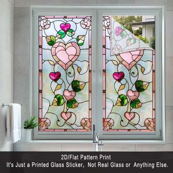 2D flat surface, 1 piece of window sticker, 2D flat surface heart-shaped flower pattern PVC electrostatic adsorption window film, romantic and warm style home decoration window film decals for bedroo