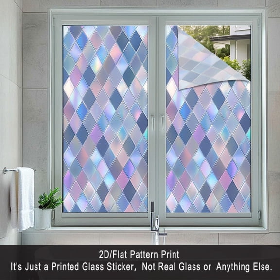 2D flat surface, 1 piece of window sticker, 2D flat surface iridic diamond-shaped geometric pattern PVC electrostatic adsorption window film, home decoration privacy window film for living room, bedr