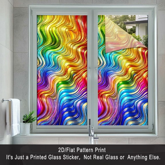 2D flat surface, 1 piece of window sticker, 2D flat surface rainbow wave art pattern PVC electrostatic adsorption window film, home decoration privacy window film for living room, bedroom, kitchen an