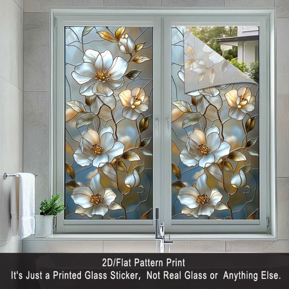 2D flat surface, 1 piece of window sticker, 2D flat white floral art pattern PVC electrostatic adsorption window film, elegant and light luxury style home decoration window film decals for living roo