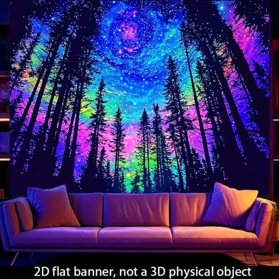 2D flat tapestry, 1-piece set, 2D/flat polyester fiber fluorescent tapestry, rainbow starry sky forest silhouette pattern, ultraviolet black light reaction tapestry, size: 78.74 * 59.06 inches, very