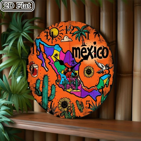 2D flat wooden wall clock, Mexican flag design wall clock, silent clock, living room bedroom, room decoration, office, Christmas, New Year, Valentine's Day decoration 10 * 10 inches, easy to hang
