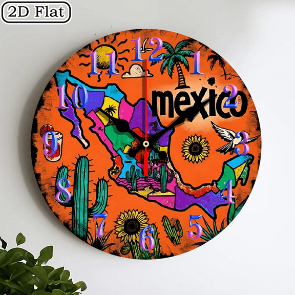 2D flat wooden wall clock, Mexican style wall clock, silent clock, living room bedroom, room decoration, office decoration, Christmas, New Year, Valentine's Day decoration 10 * 10 inches