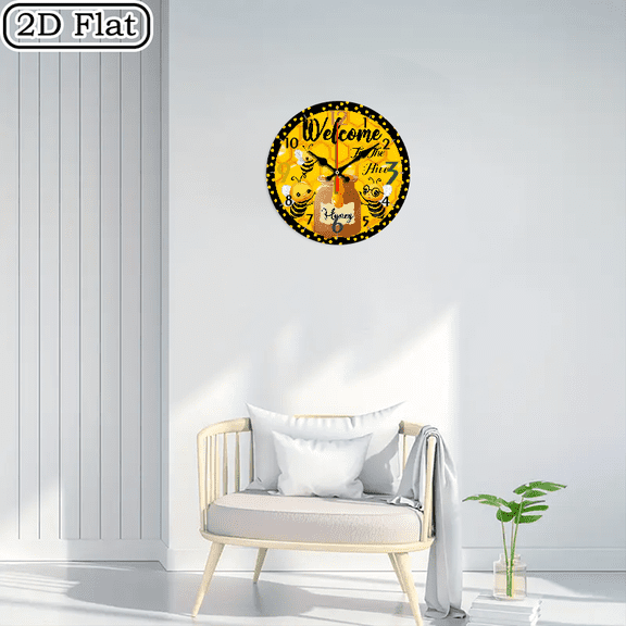 2D flat wooden wall clock, bee sign, silent clock, living room bedroom, room decoration, office decoration, Christmas, New Year, Valentine's Day decoration 10 * 10 inches, easy to hang