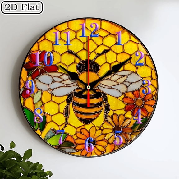 2D flat wooden wall clock, bee wall clock, silent clock, living room bedroom, room decoration, office, Christmas, New Year, Valentine's Day decoration 10 * 10 inches, easy to hang