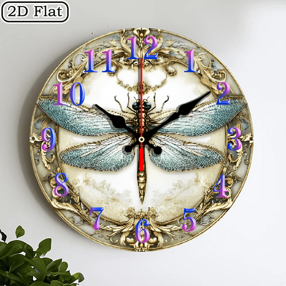 2D flat wooden wall clock, dragonfly wall clock, silent clock, living room bedroom, room decoration, office decoration, Christmas, New Year, Valentine's Day decoration 10 * 10 inches
