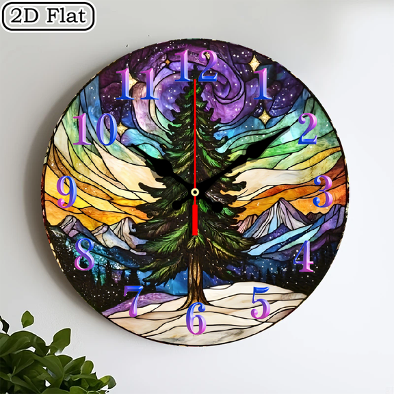 2D flat wooden wall clock, rainbow Christmas tree wall clock, silent clock, living room bedroom, room decoration, office, Christmas, New Year, Valentine's Day decoration 10 * 10 inches, easy to hang