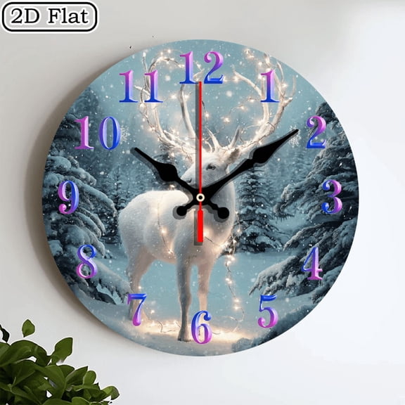 2D flat wooden wall clock - silent, snow-white elk design, with worn-out wood design, powered by AA batteries (not included) for home decoration, living room, bedroom, holiday gifts