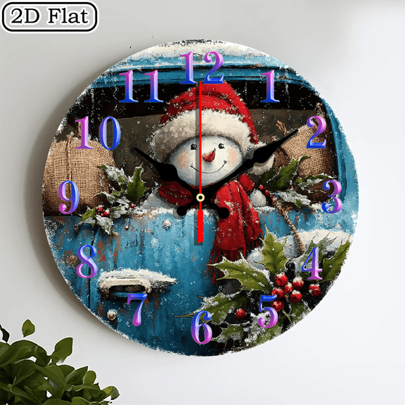 2D flat wooden wall clock - silent, snowman design, with worn-out wood design, powered by AA batteries (not included) for home decoration, living room, bedroom, holiday gifts