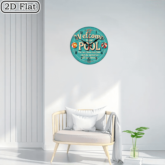 2D flat wooden wall clock, our swimming pool, silent clock, living room bedroom, room decoration, office decoration, Christmas, New Year, Valentine's Day decoration 10 * 10 inches, easy to hang