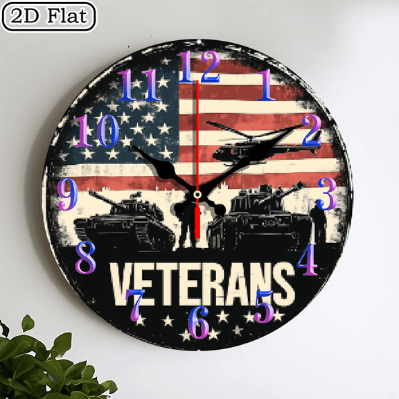 2D flat wooden wall clock, war memorial wall clock, silent clock, living room bedroom, room decoration, office, Christmas, New Year, Valentine's Day decoration 10 * 10 inches, easy to hang