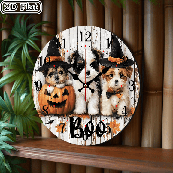 2D graphic design: 1 cute witch dog pumpkin wooden wall clock, suitable for yard, mall, garage, caf , home, best gift, friend room decoration Halloween 10 * 10 inches