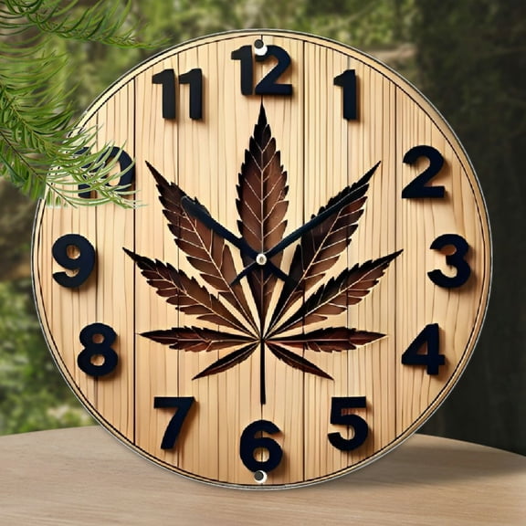 2D paint "Wooden Hemp Leaf Clock" is not a real clock Vintage round metal sign, engraved detail, HD printing, water and dust resistant - perfect for home, garden, bar, office decor, aluminum brand