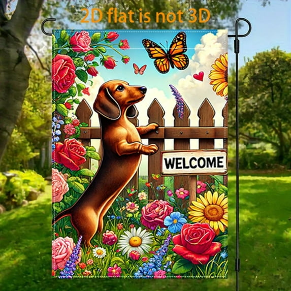 2D plane, 1 2D plane Dachshund flower butterfly welcome theme flag courtyard, vertical double-sided garden decoration flag, Dachshund welcome garden flag, indoor and outdoor decoration spring garden
