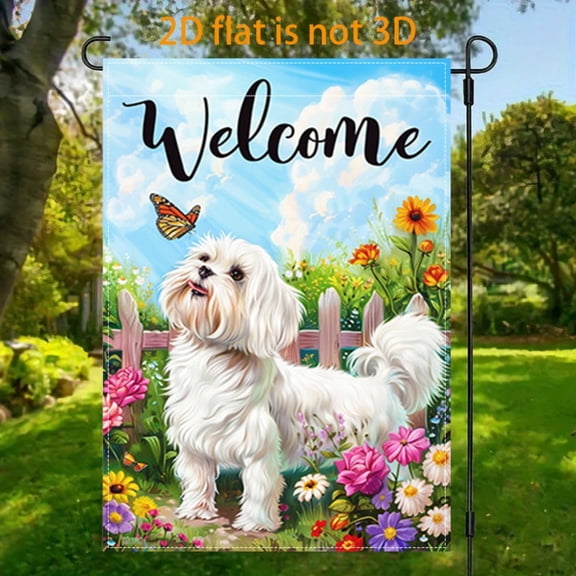 2D plane, 1 2D plane Maltese dog flower butterfly welcome theme flag courtyard, vertical double-sided garden decoration flag, Maltese dog welcome garden flag, indoor and outdoor decoration spring gar