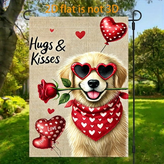 2D plane, 1 2D plane Valentine's Day Golden Retriever Heart rose theme flag courtyard, vertical double-sided garden decoration of the flag, Valentine's Day Golden Retriever heart garden flag, indoor