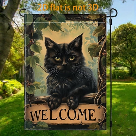 2D plane, 1 2D plane black cat vine welcoming theme flag courtyard, vertical double-sided garden decoration flag, black cat welcoming garden flag, indoor and outdoor decoration spring garden 12x18 in