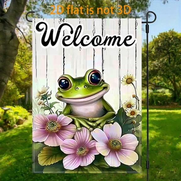 2D plane, 1 2D plane frog flower welcome theme flag courtyard, vertical double-sided garden decoration, frog flower welcome garden flag, indoor and outdoor decoration spring garden 12x18 inches, 2D p