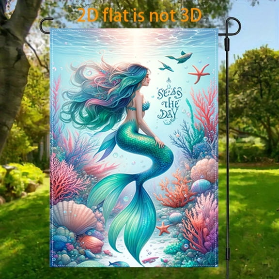 2D plane, 1 2D plane mermaid underwater theme flag courtyard, vertical double-sided garden decoration of the flag, mermaid underwater garden flag, indoor and outdoor decoration of ocean theme 12x18 i