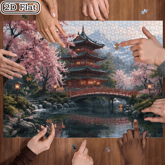 2D plane, 1000-piece horizontal paper puzzle of Chinese pavilion, family entertainment, Halloween, Thanksgiving, Christmas, size 29.4*19.6 inches