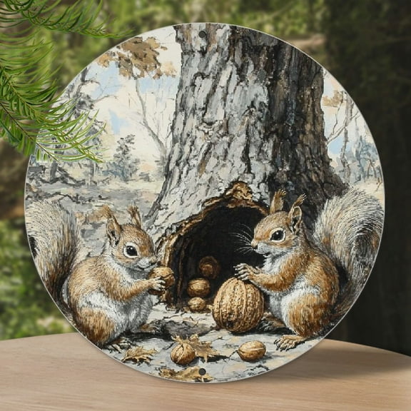 [2D plane] Oil Painting round aluminum panels, small squirrels, nuts, tree holes, Oil painting garland accessories, Country farmhouse decoration, Home decoration wall art, Home/kitchen/bar/garden