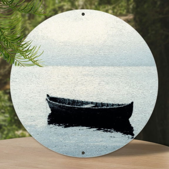 [2D plane] Oil painting round aluminum panel, calm lake and boat, round door hanging sign, oil painting garland accessories, country farmhouse decoration, home decoration wall art