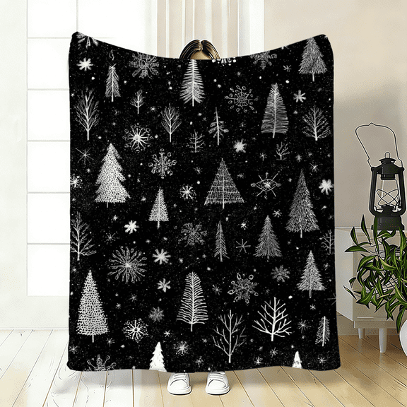 2D plane, "Tree and Snowflake" flannel blanket. Soft and skin-friendly, suitable for scenarios such as sofas and beds. Specification dimensions: 30×40 inches, 40×50 inches, 50×60 inches.