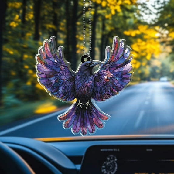 2D raven ornament - stunning acrylic hanging decoration featuring a majestic purple raven in flight, perfect for car, home, or office, a unique gift for bird lovers and gothic decor fans
