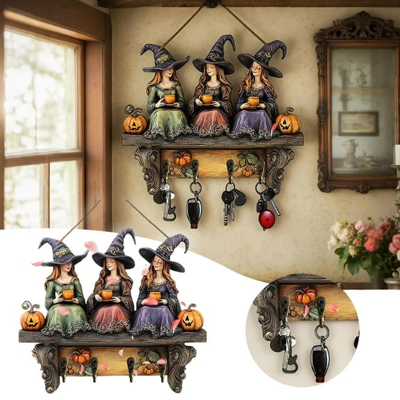 2D retro Bohemian Halloween witch wooden wall decoration Bohemian Halloween Witch Wooden Wall Hanging Home Entryway Ornament Key Holder Farmhouse Decorative Art